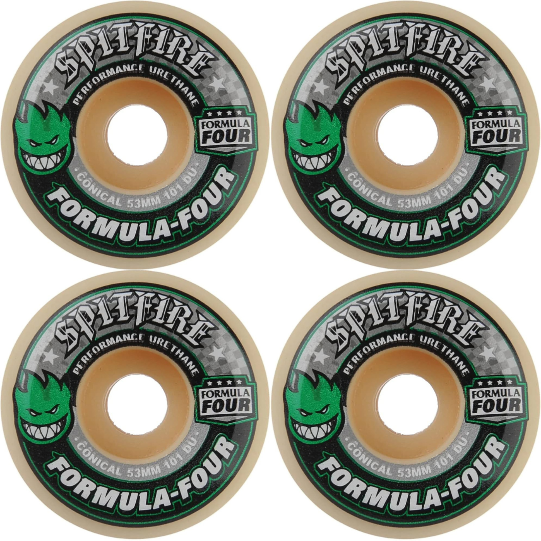 53mm Spitfire Wheels F4 Formula Four Conical Shape Green Print 101a