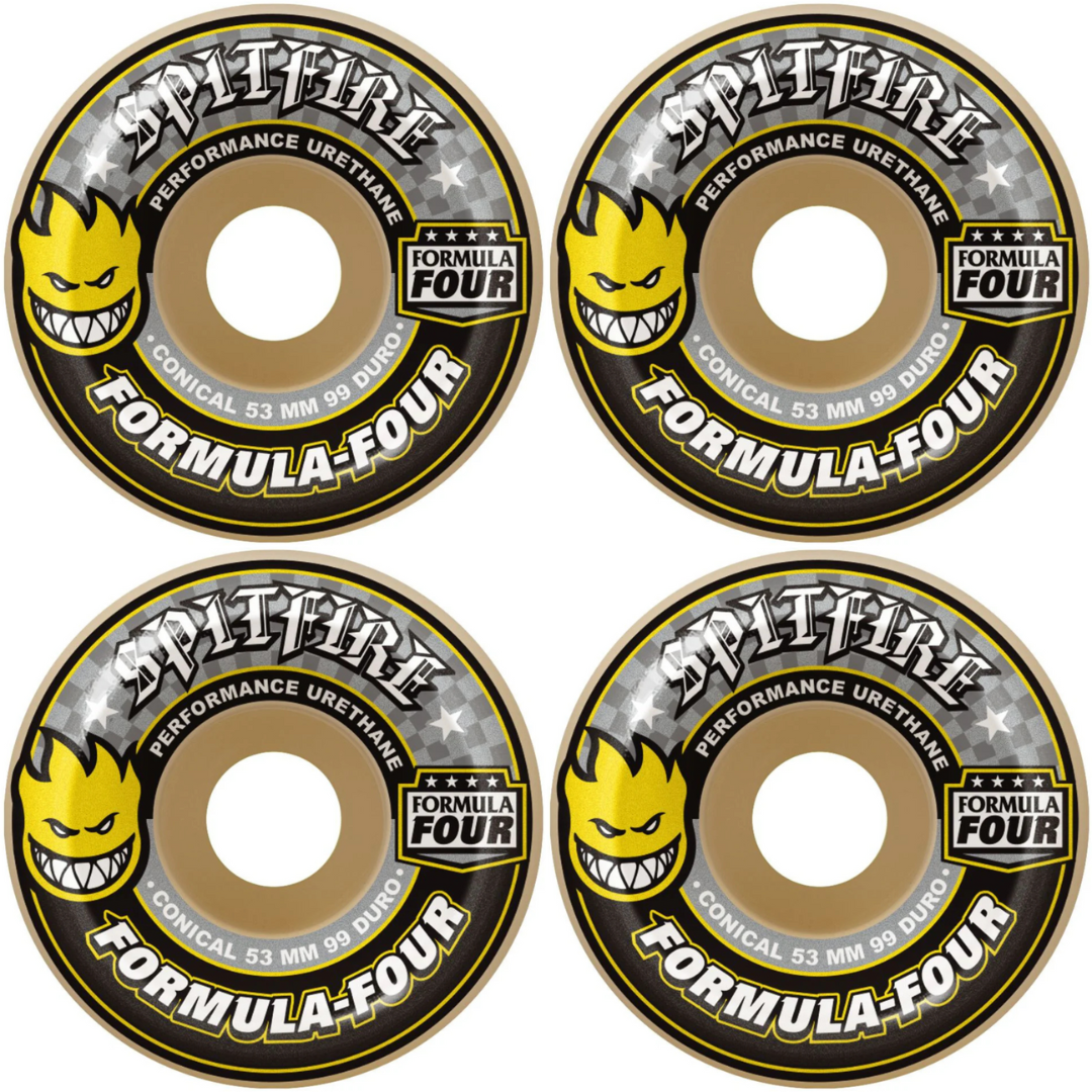53mm Spitfire Wheels F4 Formula Four Conical Yellow Print 99a Wheels