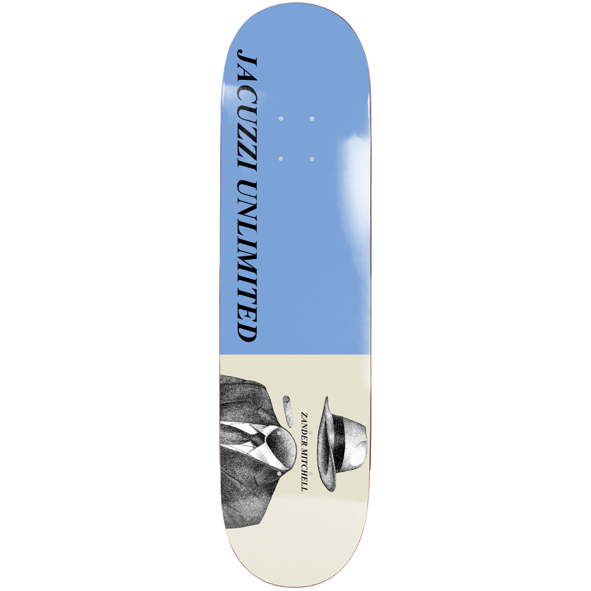 8.5" Jacuzzi Unlimited Zander Mitchell Fedora Skateboard Deck