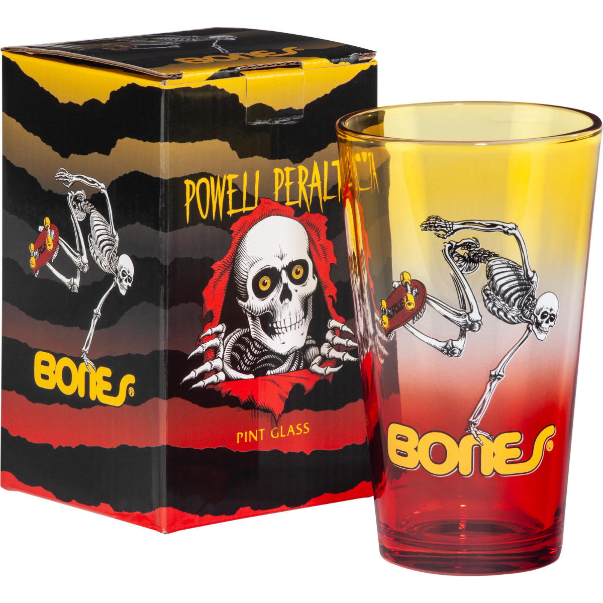 Powell Peralta Pint Glass Skateboard Skeleton - Yellow / Red Fade