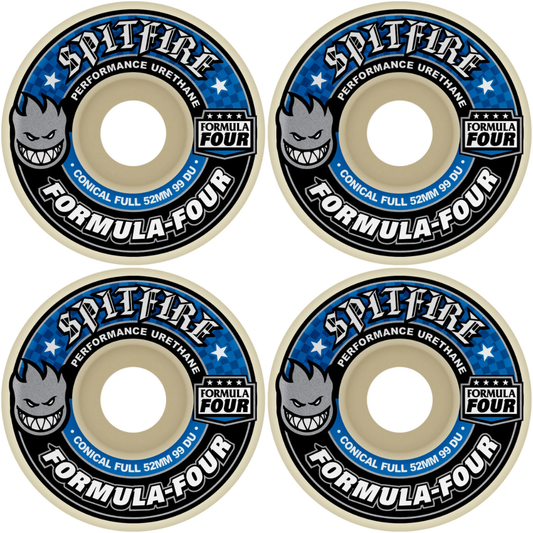 52mm Spitfire F4 Formula Four Conical Full Blue Print Skateboard Wheels 99a