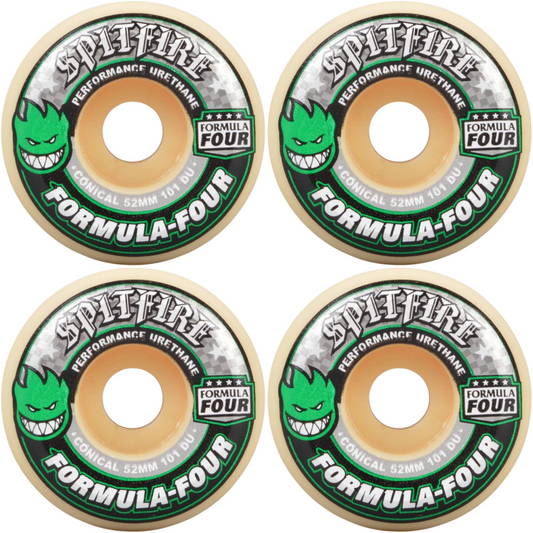 52mm Spitfire Formula Four F4 Conical Skateboard Wheels Green Print 101a
