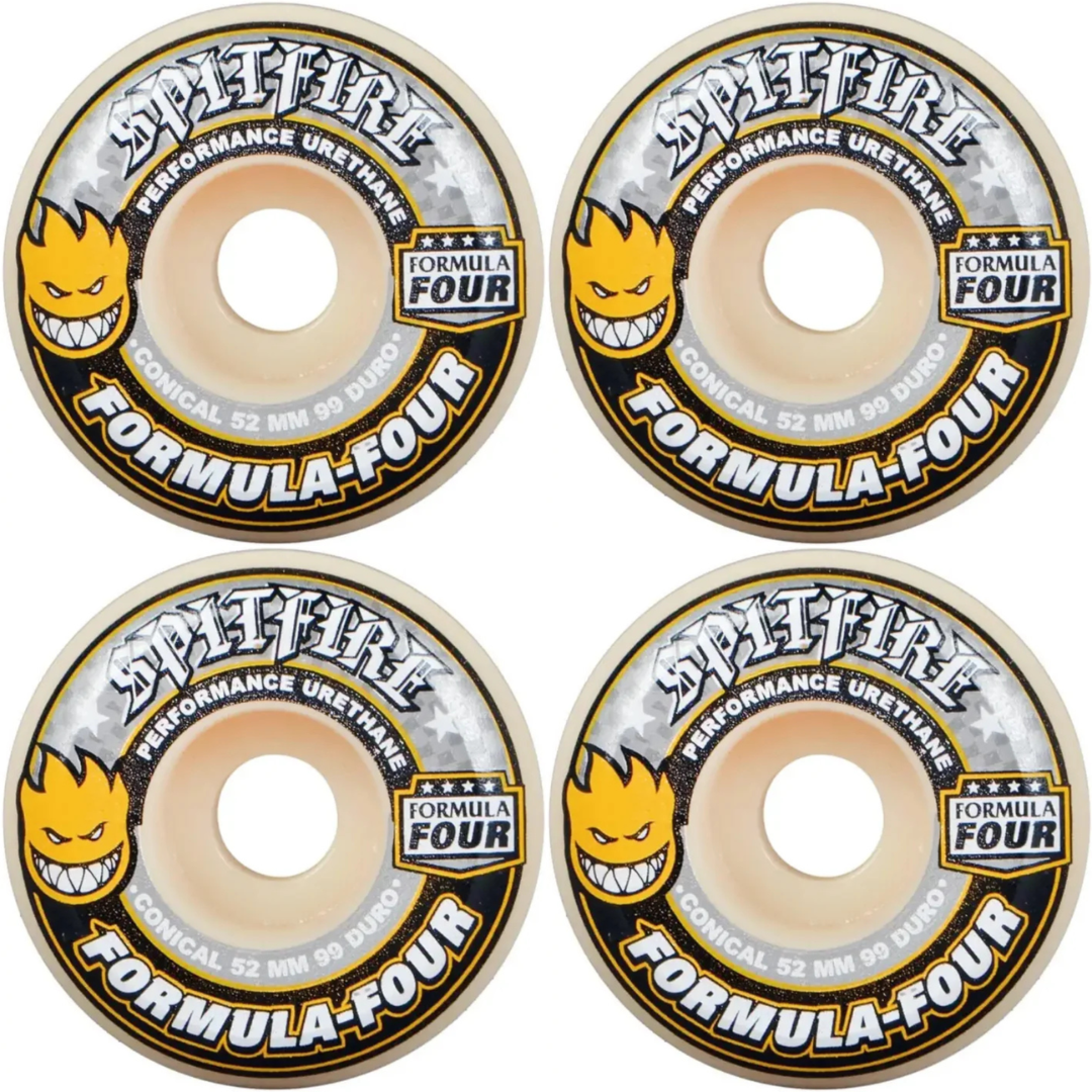 52mm Spitfire Wheels F4 Formula Four Conical Yellow Print 99a Wheels