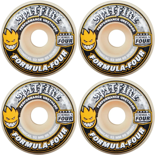 52mm Spitfire Wheels F4 Formula Four Conical Yellow Print 99a Wheels
