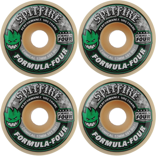 53mm Spitfire Wheels F4 Formula Four Conical Shape Green Print 101a
