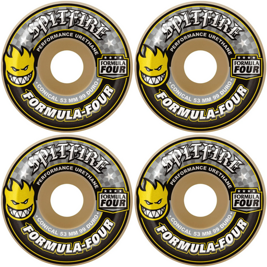 53mm Spitfire Wheels F4 Formula Four Conical Yellow Print 99a Wheels