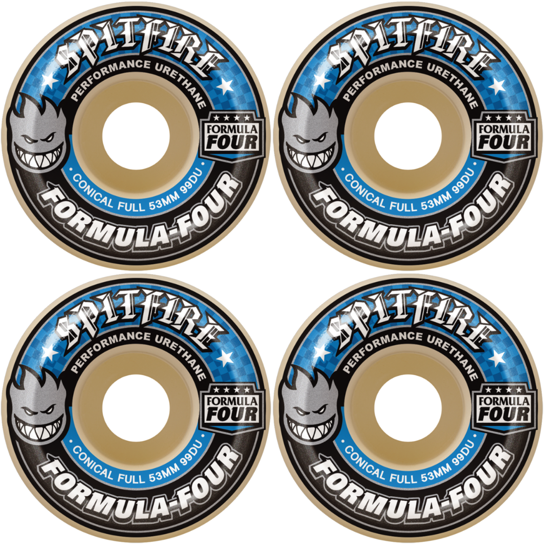 53mm Spitfire F4 Formula Four Conical Full Blue Print Skateboard Wheels 99a