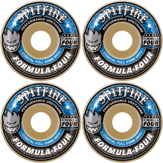 53mm Spitfire F4 Formula Four Conical Full Blue Print Skateboard Wheels 99a