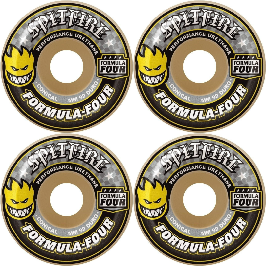 54mm Spitfire Wheels F4 Formula Four Conical Yellow Print 99a Wheels