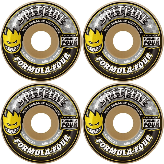 54mm Spitfire Wheels F4 Formula Four Conical Yellow Print 99a Wheels