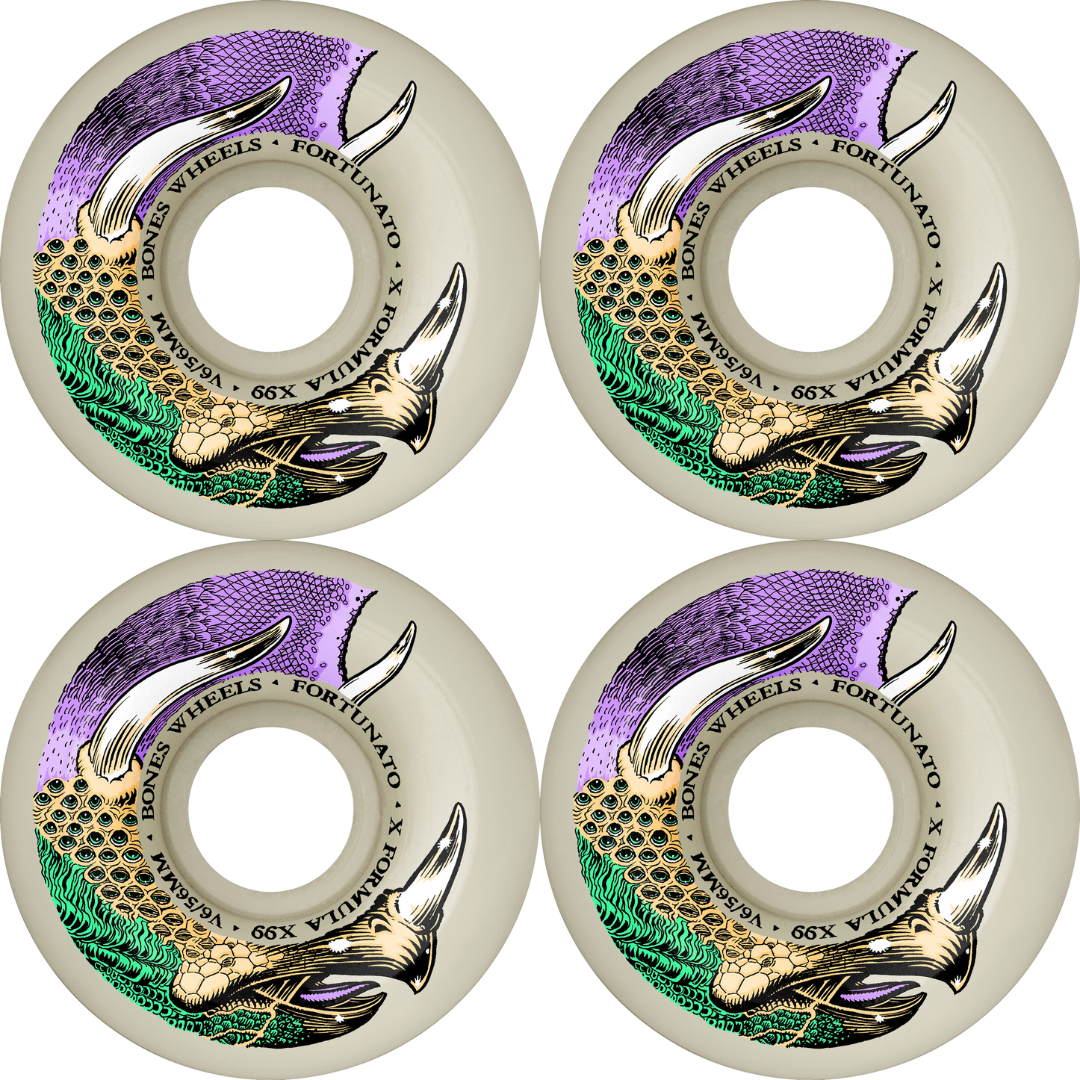 56mm Bones Wheels X Formula Fortunato Dino-Sortas V6 Widecut 99a - Skateboard Wheels