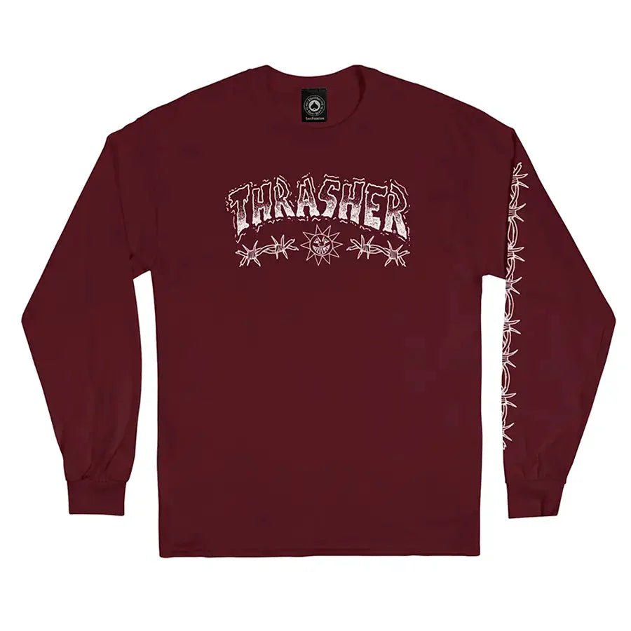 Thrasher Magazine Barbed Wire Logo Long Sleeve T-Shirt - Maroon