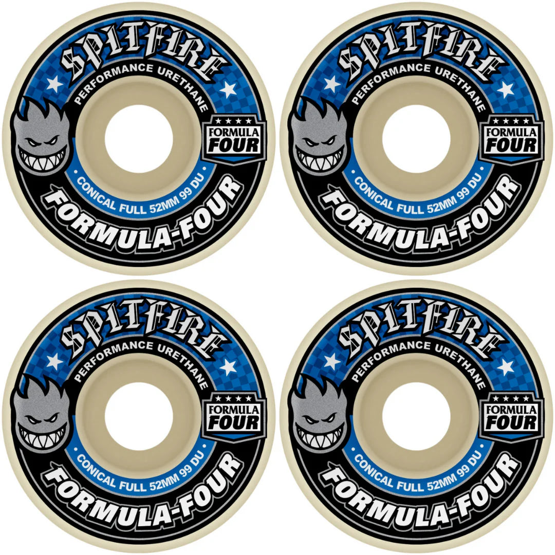 52mm Spitfire Wheels F4 Formula Four Conical Full Blue Print 99a