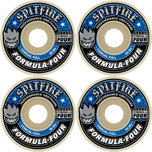 54mm Spitfire F4 Formula Four Conical Full Blue Print Skateboard Wheels 99a