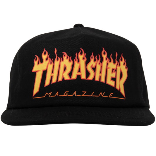 Thrasher Magazine Printed Flame Logo Snapback Hat - Black