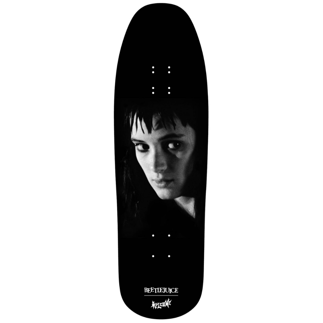 9.6" Welcome Skateboards x Beetlejuice Lydia on Gaia Deck Black / White Dip