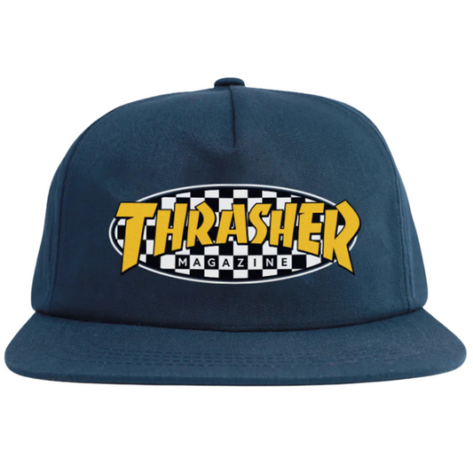 Thrasher Magazine Checkered Oval Snapback Hat - Navy