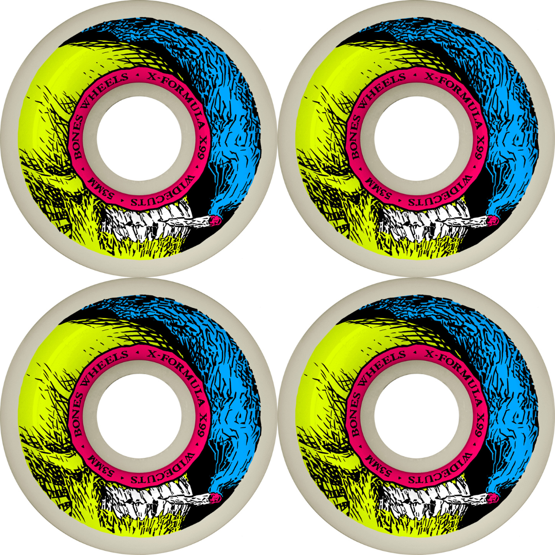 53mm Bones Wheels X-Formula Skateboard Wheels Smokin Skull V6 Widecuts 99a