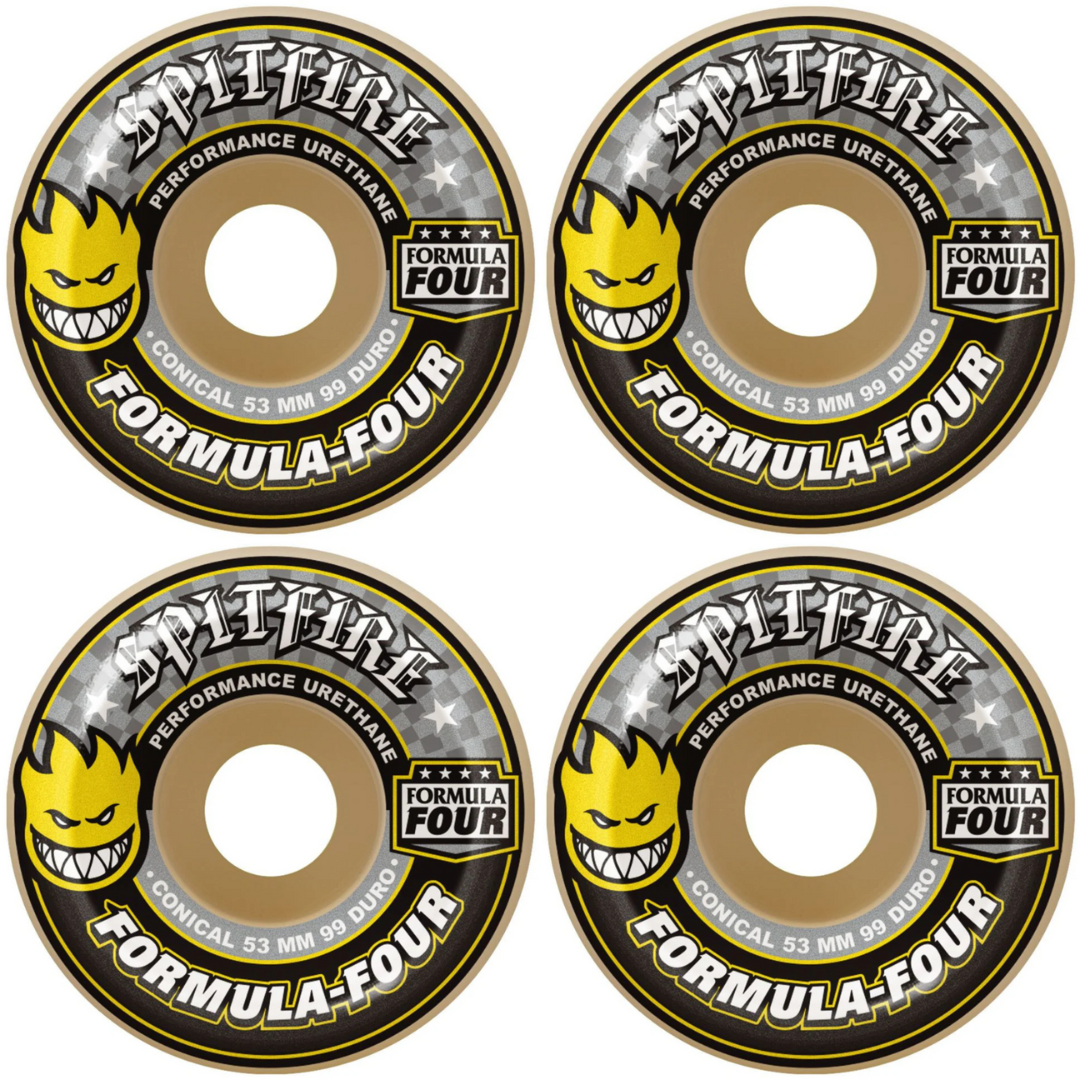 54mm Spitfire Wheels F4 Formula Four Conical Yellow Print 99a Wheels